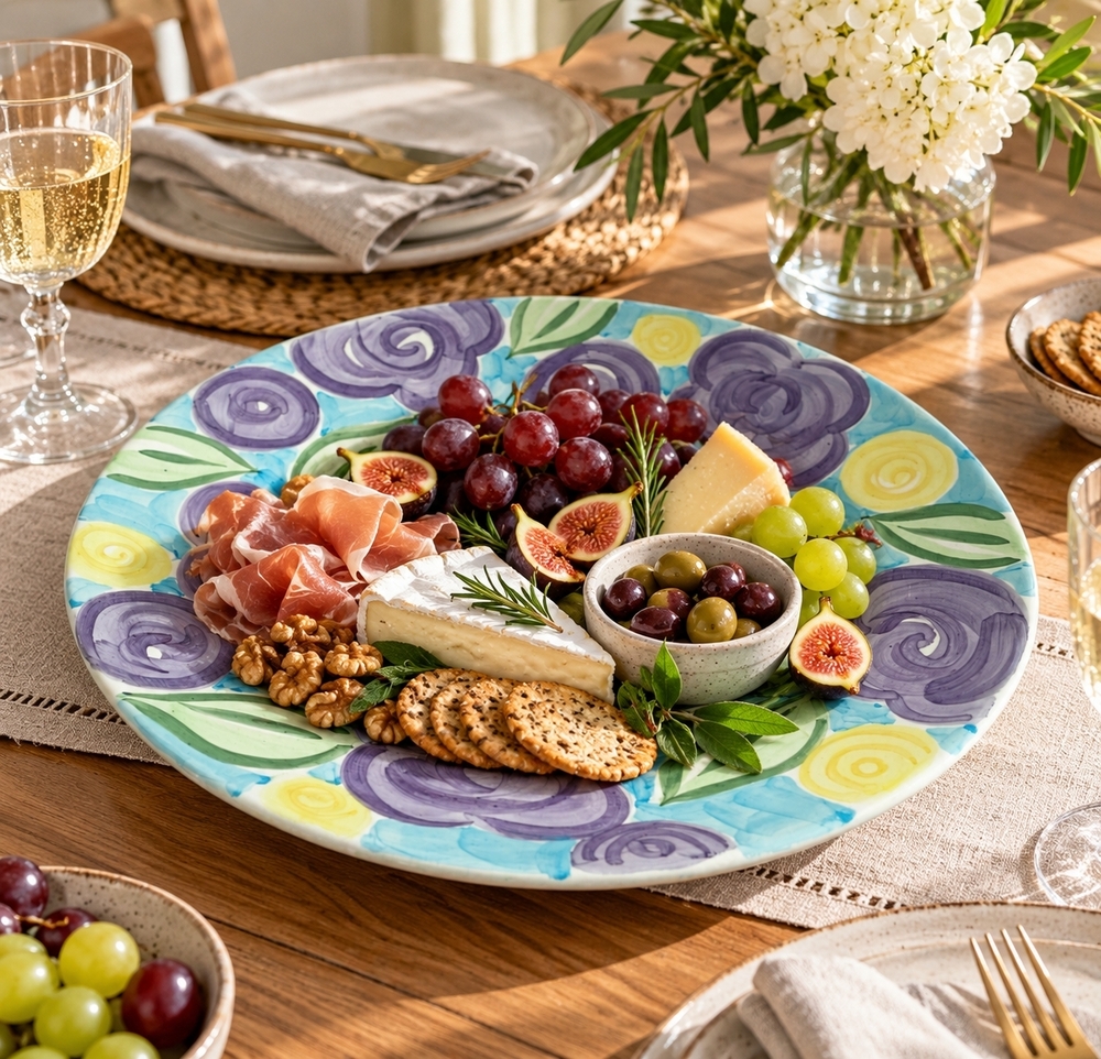 Libbey Floral Serving Platter Round Chop Plate Purple Blue Yellow Hand Painted